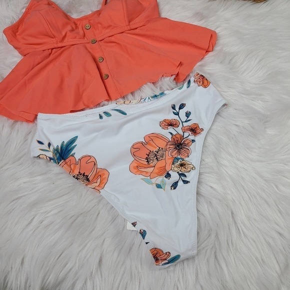 Pink And Floral Ruffle Buttoned Tankini - Picture 8 of 12